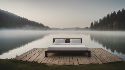 a bed sitting on top of a wooden dock next to a lake with a forest in the background