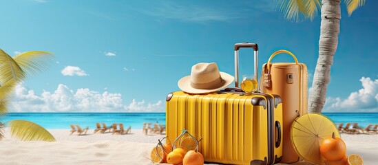 Summer travel concept with a yellow suitcase and beach accessories on a blue background