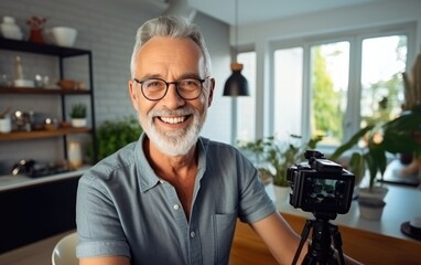 Elderly influencer man working on shooting for blog, recording a video at home