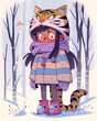 Сute cartoon girl in a snowy environment, in multi-colored winter clothes, sweaters and a hat in the form of a tiger.