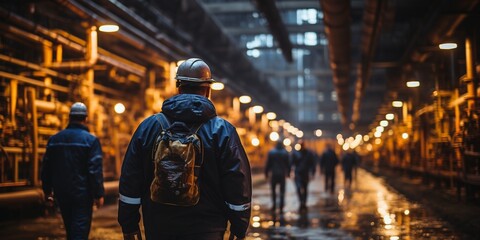 Poster - chemical industry plant - workers in work clothes in a refinery with pipes and machinery : Generative AI