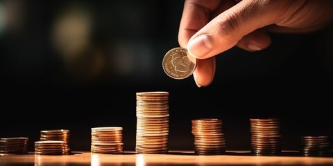 Poster - Hand putting money coins stack growing, saving money for purpose concept : Generative AI