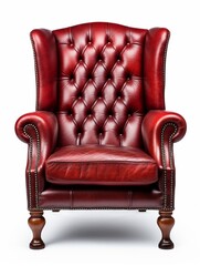 Poster - Armchair, red leather vintage armchair on isolated white background, front view of chair : Generative AI