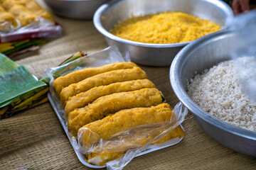 Banh Tet or Vietnamese cylindrical sticky rice cake, Ho Chi Minh city, Vietnam