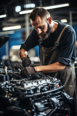 Wall Mural - An auto mechanic working on car in a garage