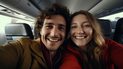 Wall Mural - Happy tourist taking selfie inside airplane - Cheerful couple on summer vacation - Passengers boarding on plane - Holidays and transportation concept