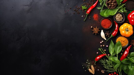 Spices and herbs over black stone background. Top view with free space for menu or recipes.