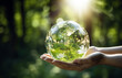 Hands holding earth crystal glass globe ball encircled by verdant forest flora. Environment protection, Eco friendly environment, save a clean planet concept. Generative AI.