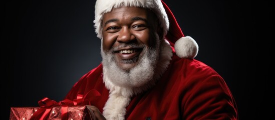 Poster - African American Santa carrying gifts against dark background