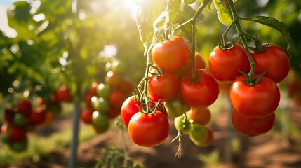 Ripe tomato plant growing in greenhouse. Tasty red heirloom tomatoes. Blurry background and copy space