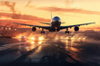 Evening departure Airbus A380 in motion as it embarks on a scenic journey during sunset. AI Generative adventure.