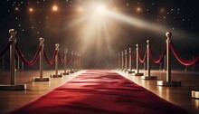 Realistic Red Carpet And Pedestal With Illumination And Barrier Fences With Velvet Rope