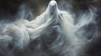 Wall Mural - Close-up of a ghostly figure with a flowing white gown and a pale face, creating a haunting Halloween image