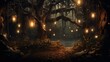Dark and mysterious forest with twinkling fairy lights and hanging lanterns, creating an enchanting Halloween atmosphere