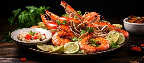 Poster - Seafood platter with various shellfish squid and babylon served on a dining table accompanied by a seafood sauce and citrus fruits worth trying at the shrimp and seafood buffet