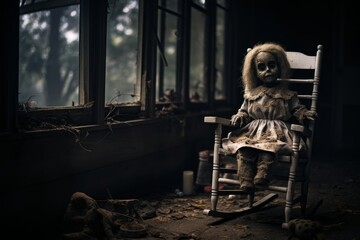 Fototapeta haunted doll sitting in an old rocking chair. halloween horror background