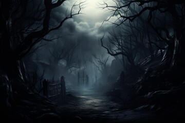 Wall Mural - Haunted forest with mist. Halloween horror background