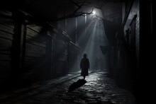 Mysterious Shadows Lurking In A Dark Alleyway. Halloween Spooky Background