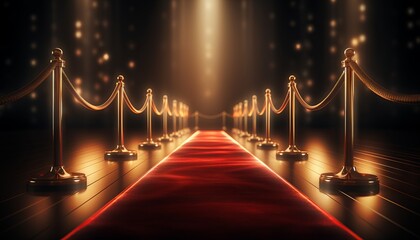 Wall Mural - Realistic red carpet and pedestal with illumination and barrier fences with velvet rope