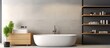 a large bathroom with white and wooden walls concrete floor bathtub with black shelves and carpet
