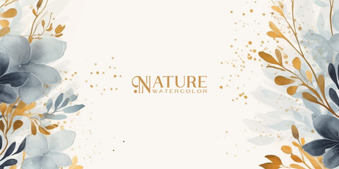 Wall Mural - winter background design with watercolor brush texture, flower and botanical leaves watercolor hand 