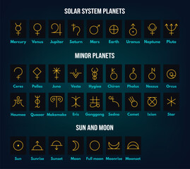 Planetary symbols. Astronomical solar system and minor planets, sun and moon signs. Simple alchemy vector outline icons set