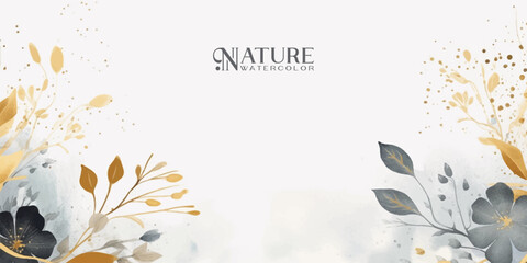 Wall Mural - winter background design with watercolor brush texture, flower and botanical leaves watercolor hand 