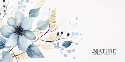 Wall Mural - winter background design with watercolor brush texture, flower and botanical leaves watercolor hand 
