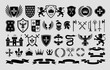 Stencil heraldic emblem templates. Traditional snake, lion and eagle symbols. Medieval weapons, shields and royal castle labels vector set