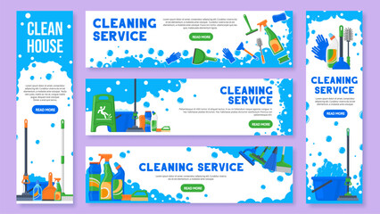 cleaning service banner. professional housemaid, clean house flyer with cleaning equipment vector te