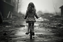Little Girl On A Bicycle In The Rain. Black And White Photo.
