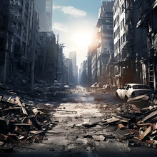 Post Apocalyptic City Background. Destroyed Buildings, Cracked Road