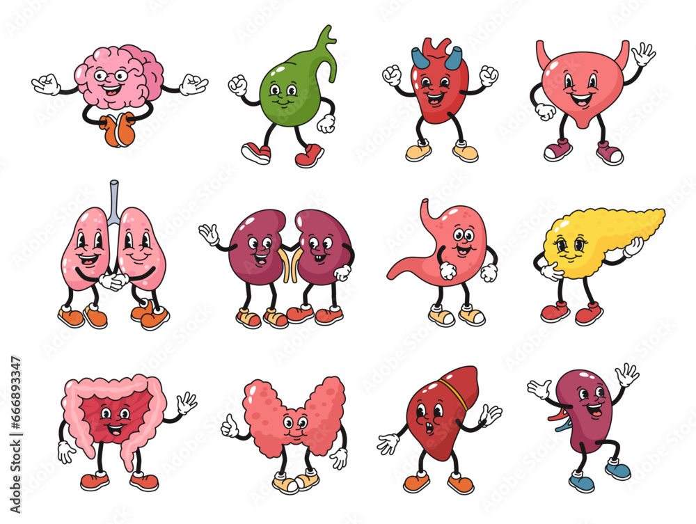 Cartoon organs characters. Health mascot for human body internal parts ...