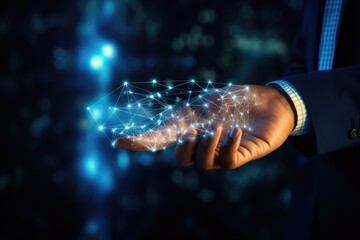 Poster - Businessman on dark background using digital network connection sphere 3D rendering, Hand of businessman touching with finger digital connection lines on dark blue background, AI Generated