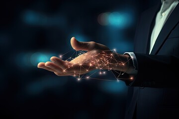 Poster - Close up of businessman hand holding flying network hologram on dark background, Hand of businessman touching with finger digital connection lines on dark blue background, AI Generated