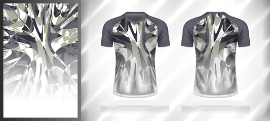 Vector sport pattern design template for V-neck T-shirt front and back with short sleeve view mockup. Dark and light shades of grey-white color gradient abstract texture background illustration.