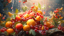 A Hypnotic Whirl Of Fresh Fruits Like Mangoes, Berries, And Melons Caught In A Whimsical Whirlwind Of Icy Mist, With A Shower Of Cool, Refreshing Droplets Surrounding Them, Portraying A Surreal Moment