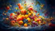 A hypnotic whirl of fresh fruits like mangoes, berries, and melons caught in a whimsical whirlwind of icy mist, with a shower of cool, refreshing droplets surrounding them, portraying a surreal moment