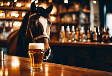 AI Generated Illustration Of A Horse Standing Behind A Bar Counter, Drinking A Beer From A Stein