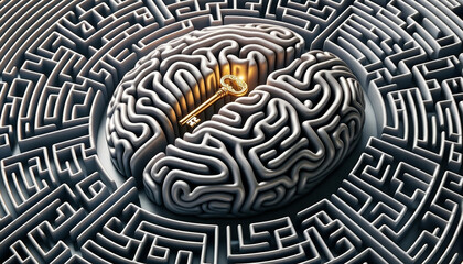 Wall Mural - 3D rendering style, a maze takes the form of a human brain with a key in the middle - Generative AI