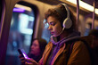 Passenger Woman Standing in Tram, Listening Music Online On Phone