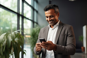 Wall Mural - A business man Indian looks at the phone in the office