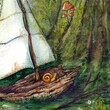 A small dilapidated shipwrecked sailboat with little snail got lost in a forest in a glade among trees, plants, and flowers. Hand drawn watercolor illustration art