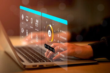 Hand using AI smart tablet with smart home app on the room, circular interface of the smart home automation assistant on the virtual screen and user touches the button, smart home digital interface