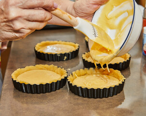 Wall Mural - Pour the batter into small round molds to make cherry pie