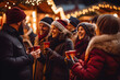 A group of people standing at a Christmas market and drinking mulled wine, Christmas party