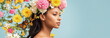 Surreal african american woman portrait with flowers over head on blue background. Concept of environmental friendliness and naturalness of cosmetic products. copy space. Generative Ai