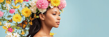 Surreal African American Woman Portrait With Flowers Over Head On Blue Background. Concept Of Environmental Friendliness And Naturalness Of Cosmetic Products. Copy Space. Generative Ai