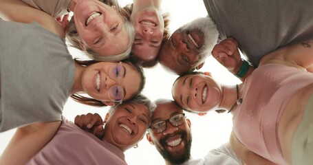 Sticker - Face, people and group in circle with smile, training or exercise together, team building or bonding with joy. Low angle, men or women with portrait and happiness for teamwork, support and motivation