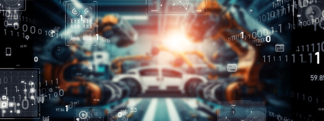 Poster - Group of robot arms wroking in futuristic factory and digital communication network concept.